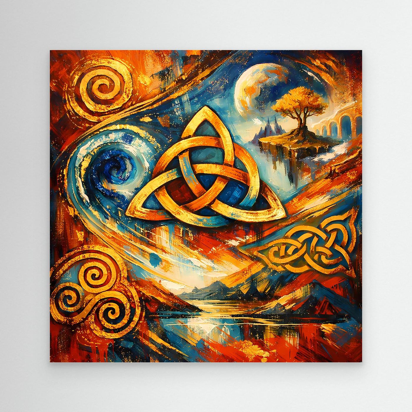Abstraktes Leinwandbild mit keltischem Triqueta in Blau, Gold und Orange