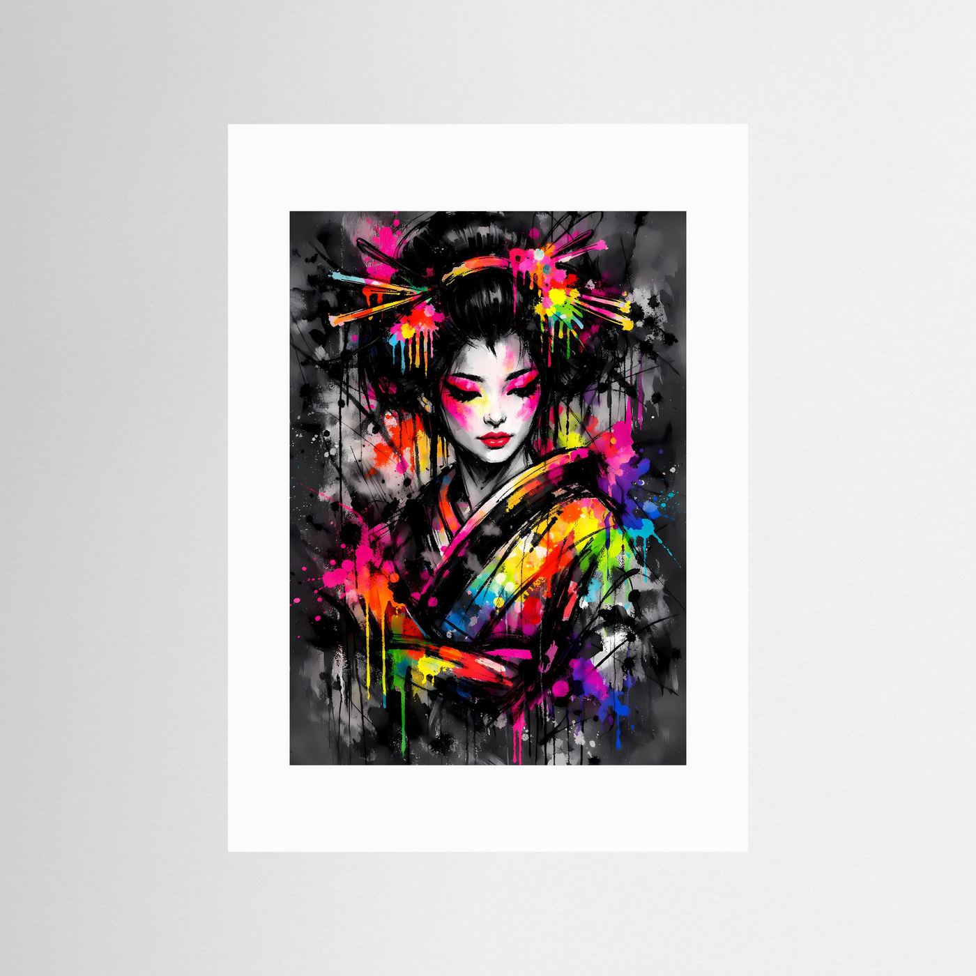 The Neon Geisha | Luxuriöses Geisha Poster Bunt & Dunkel | Abstraktes Japan Kunstposter Hochformat