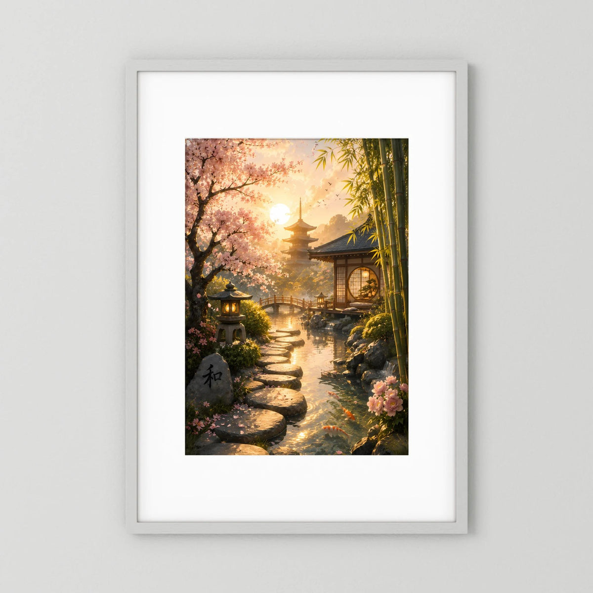 Hochformat-Poster Zen-Garten: Weg, Laternen und Kirschblüten im goldenen Licht