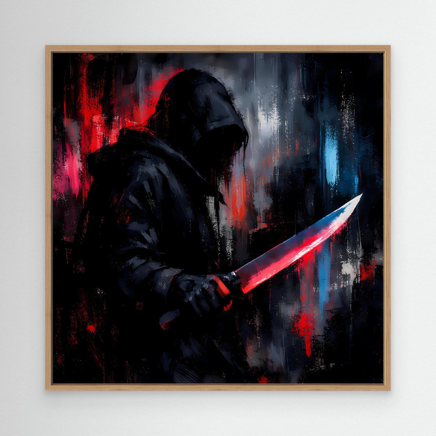 Wandbild mit Eichenrahmen: Schattenkrieger mit Kapuze, rotes Lichtschwert; Neon-Farbverläufe.