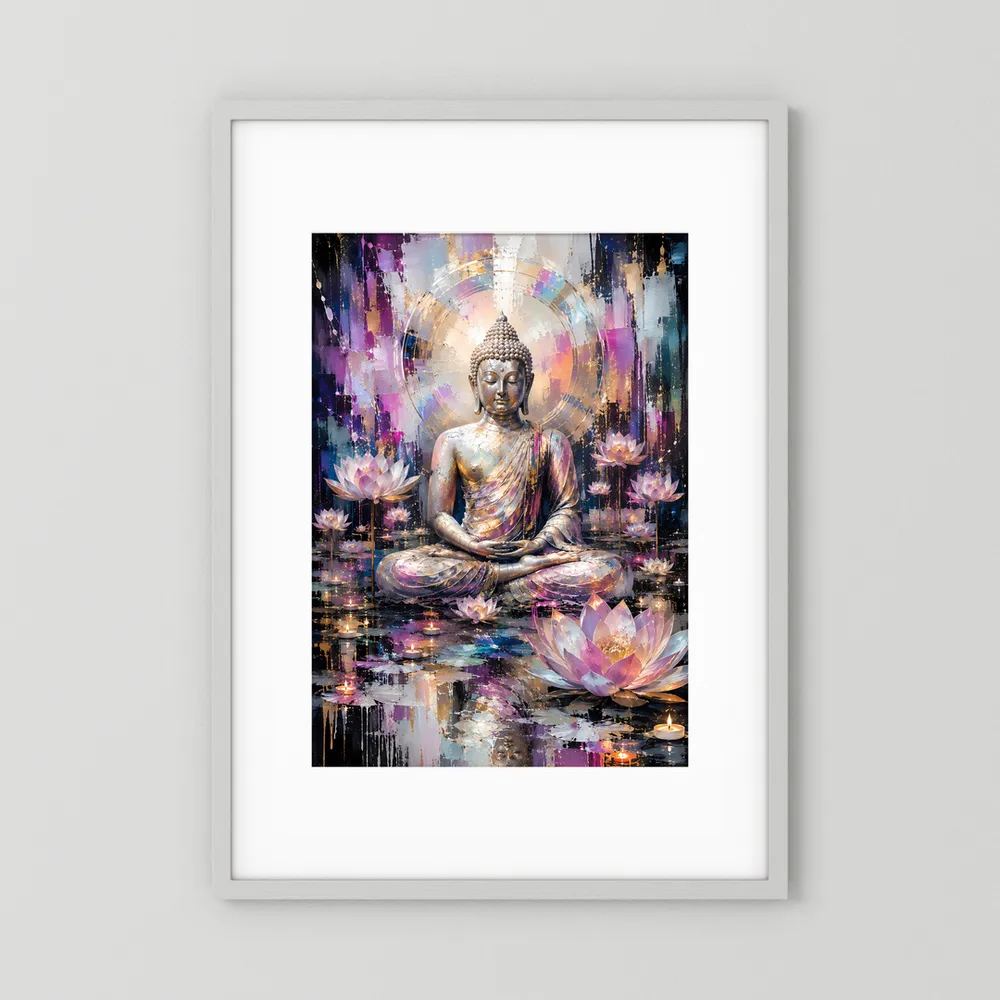 Gerahmtes Poster: meditierender Buddha in Gold, Rosa und Blau, mit Lotusblüten im Kreis