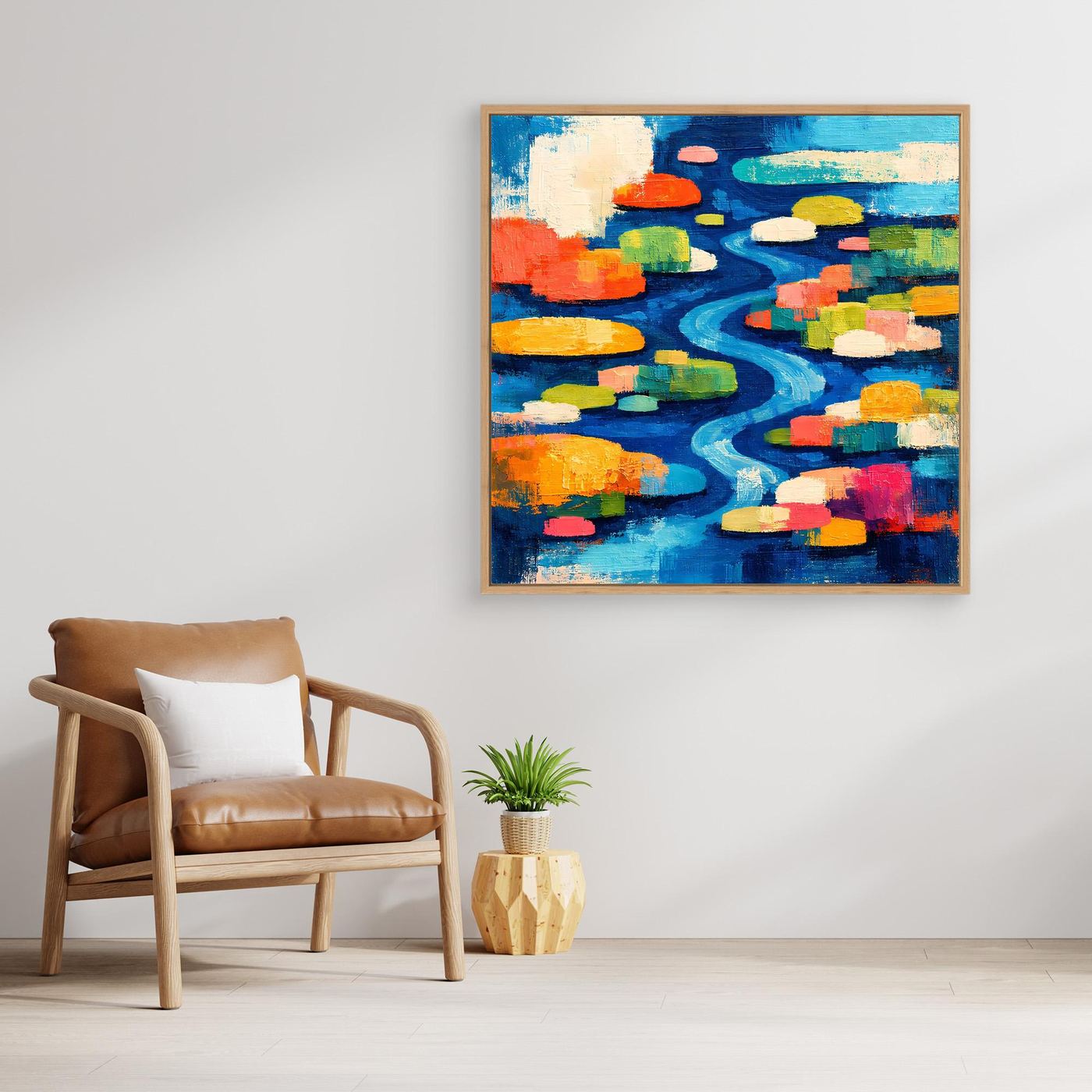 Leinwand-Wandbild mit abstraktem Flusslauf und bunten Seerosenformen, Eichenrahmen