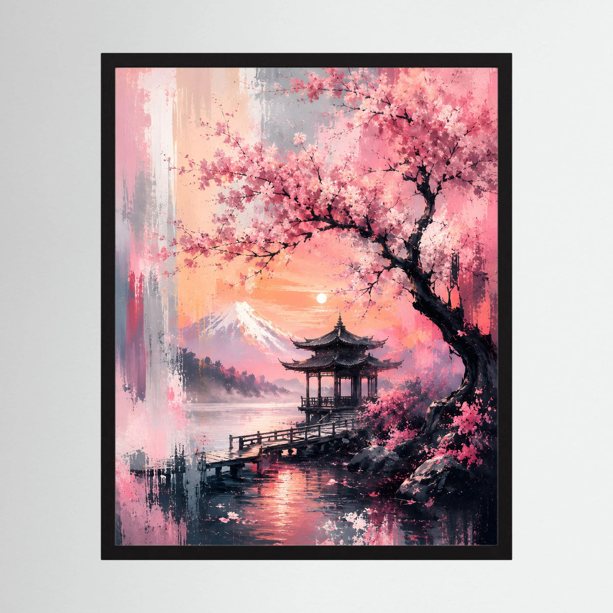 Japanisches Kirschblüten-Landschaftsposter mit Pagode am See, im schwarzem Rahmen