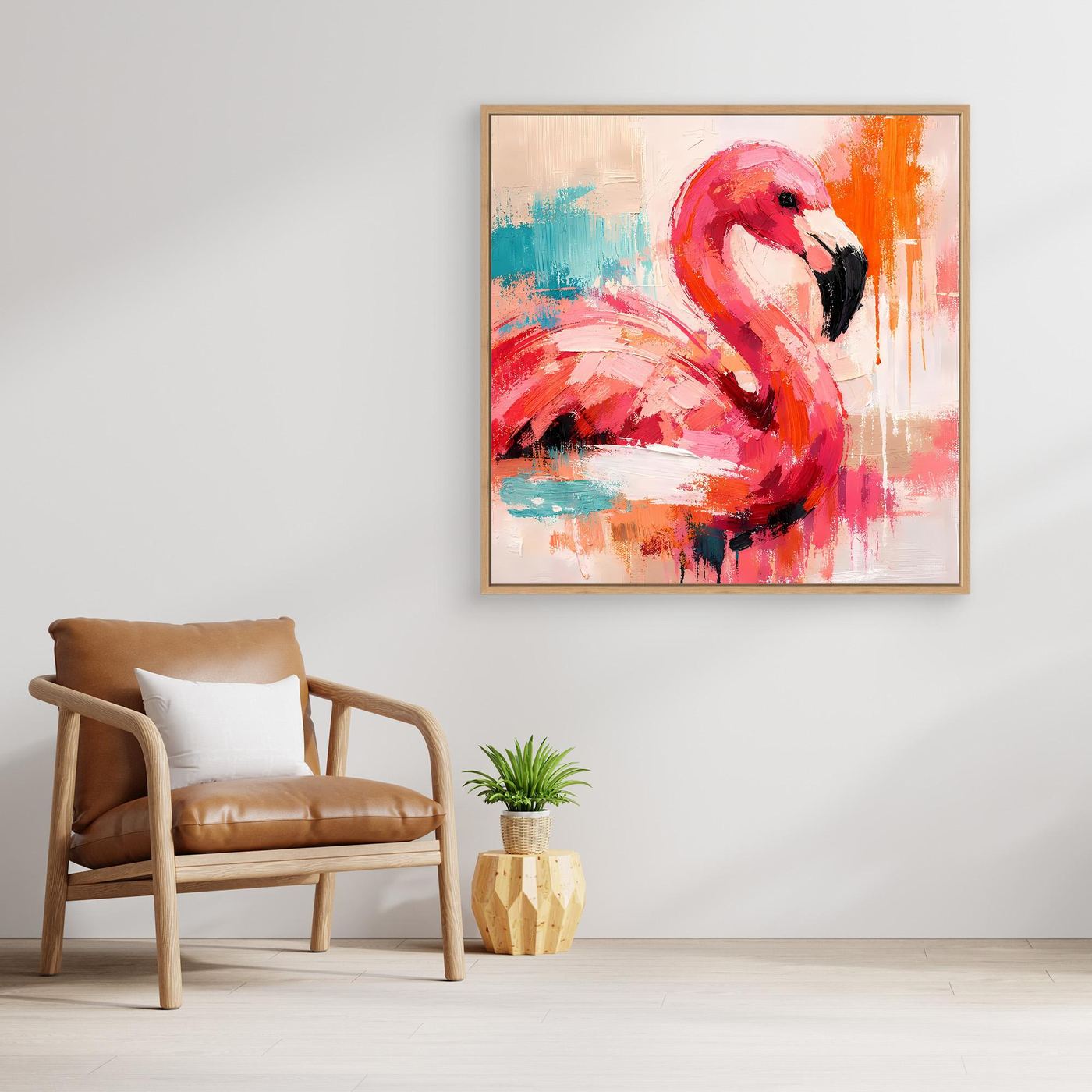 Wandbild mit abstraktem Flamingo in Pink und Orange, eichenfarbener Holzrahmen.