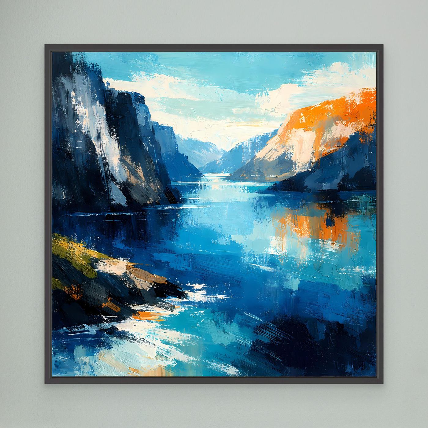 Leinwand Abstraktes Fjord Gemälde | Modernes Norwegisches Wandbild Blau Orange