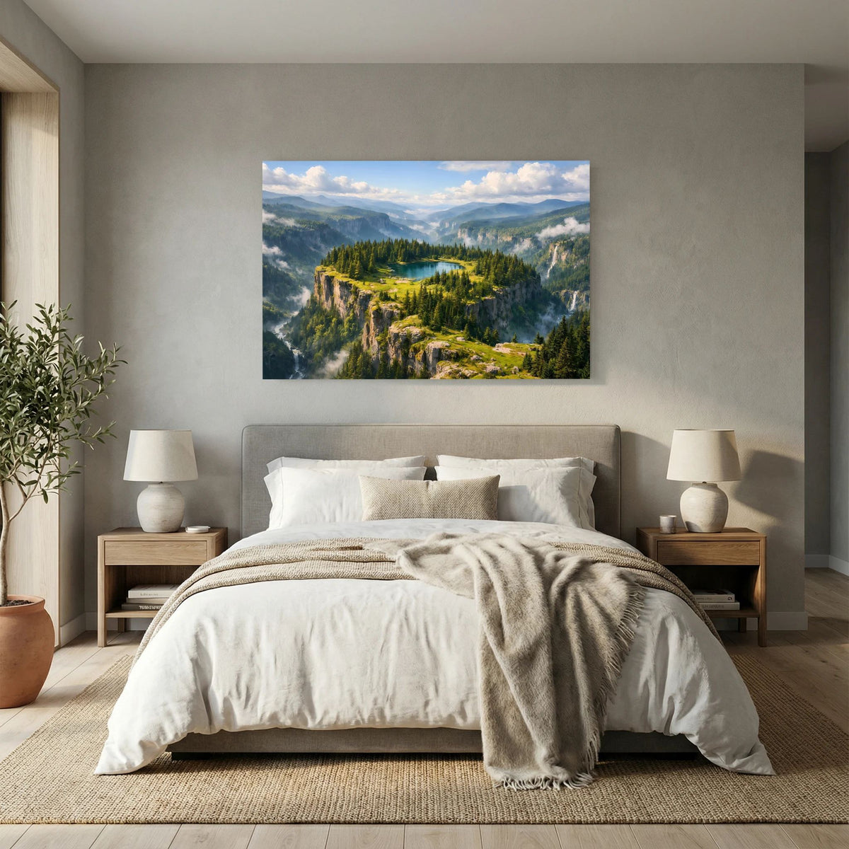 Wandbild im Querformat: Bergsee auf Felsplateau mit Tannenwald, Felsen und Wolken