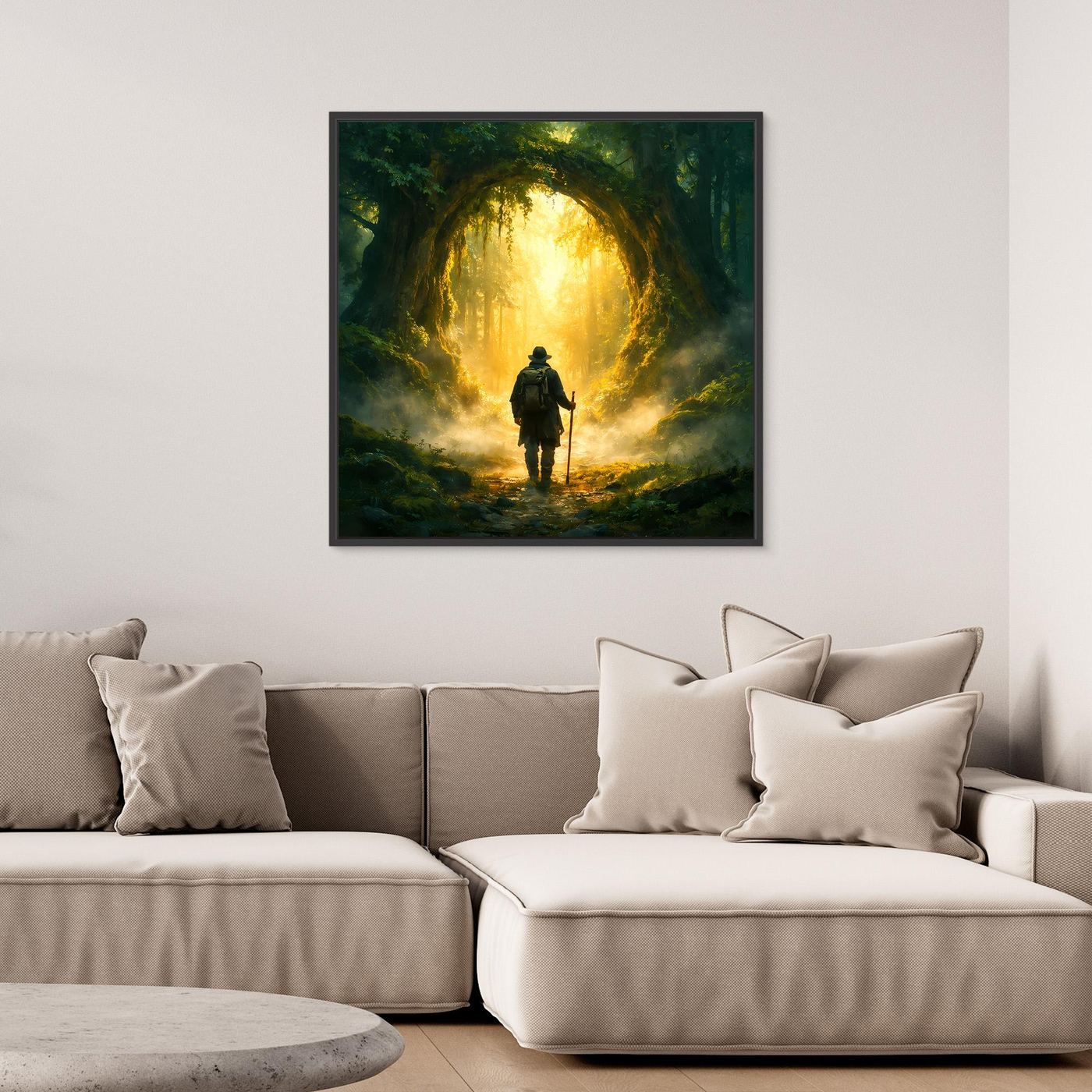 Leinwand Mystischer Wanderer am Waldportal | Abstraktes Natur Zauberwald Wandbild
