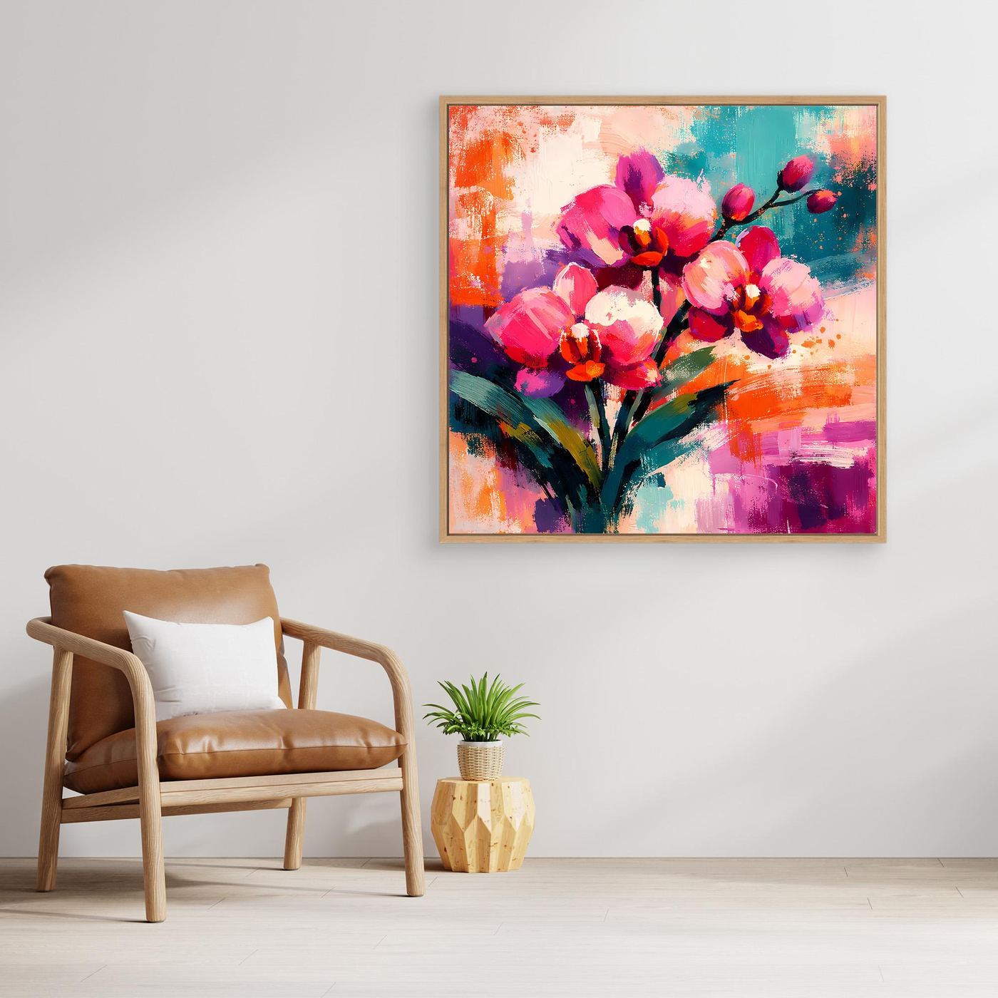 Gerahmtes Orchideen-Leinwandbild: abstrakter Blütenstrauß mit Pink-, Lila- und Türkistönen