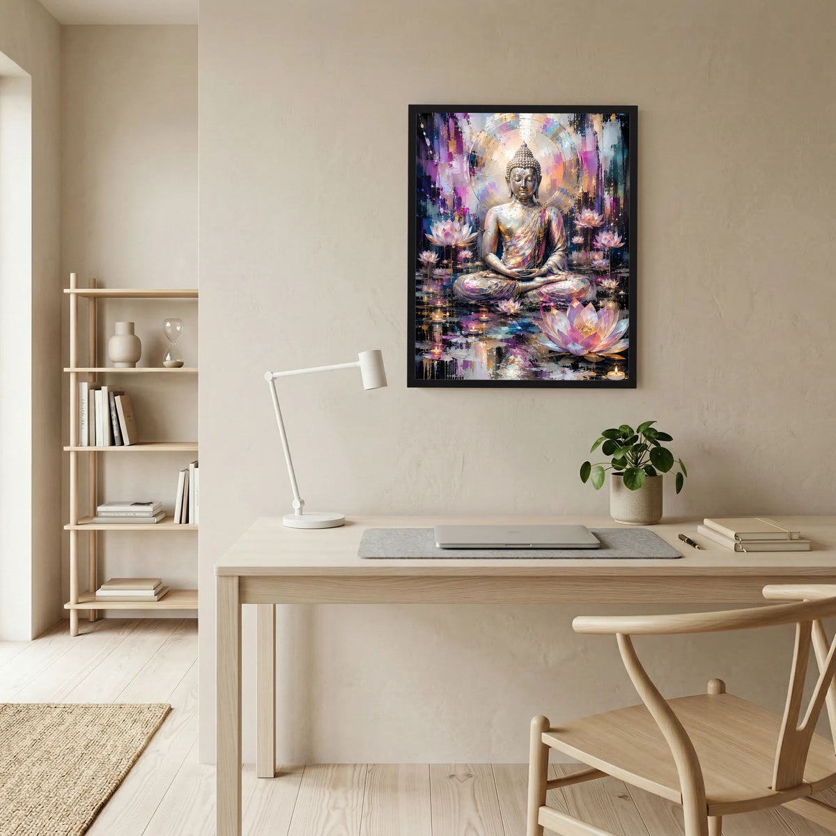 Gerahmtes Wandbild-Poster mit sitzendem Buddha und Lotusblüten in Gold-, Rosa- und Blautönen