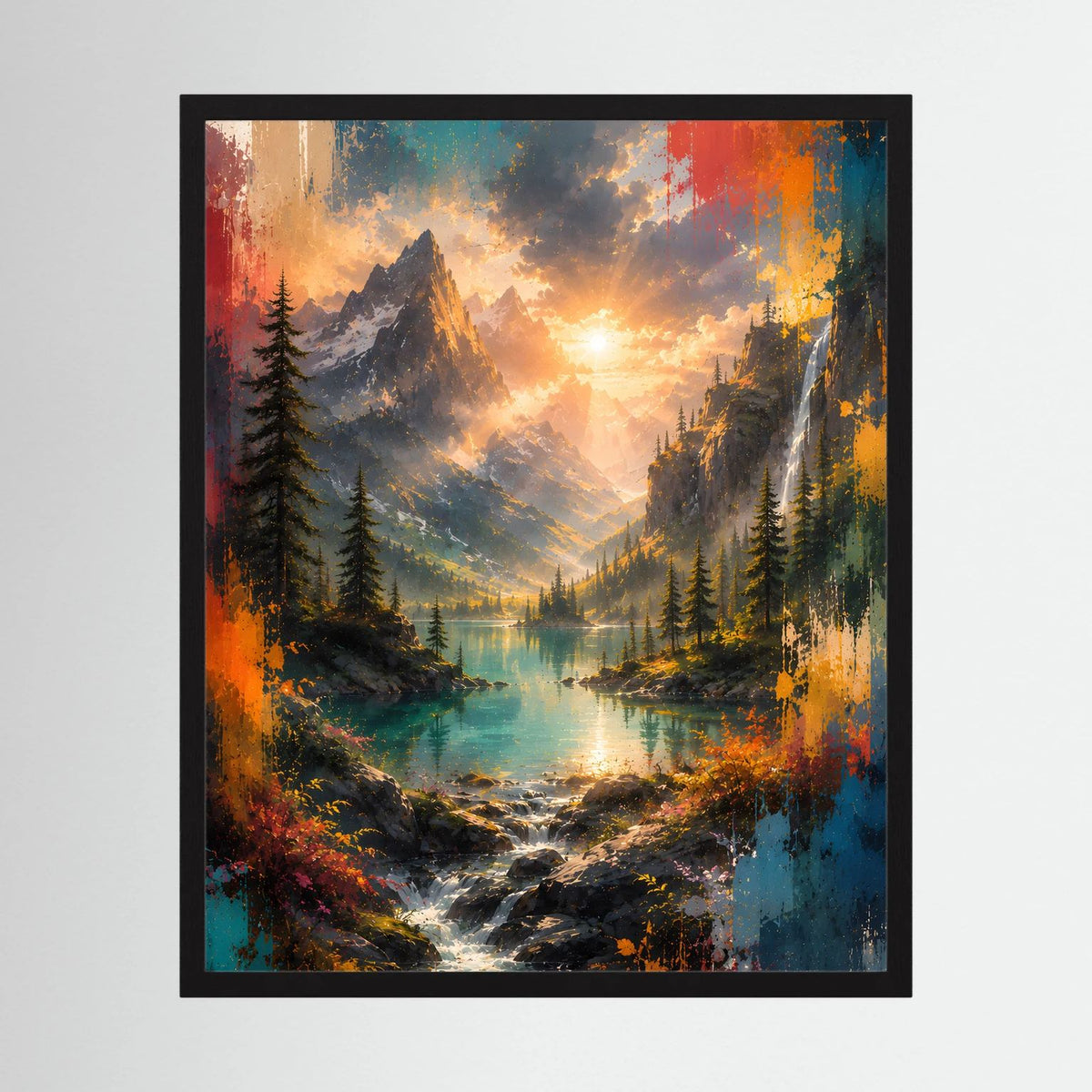 Wandbild im schwarzen Rahmen: Bergsee bei Sonnenuntergang, Tannen, Sonne im Tal