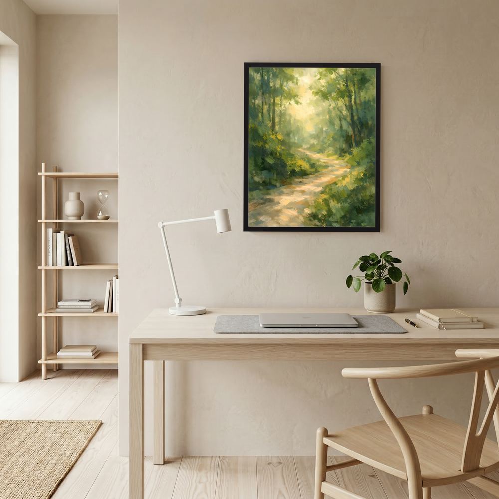 Waldweg-Poster im dunklen Rahmen über dem Schreibtisch, grüner Pfad im Licht