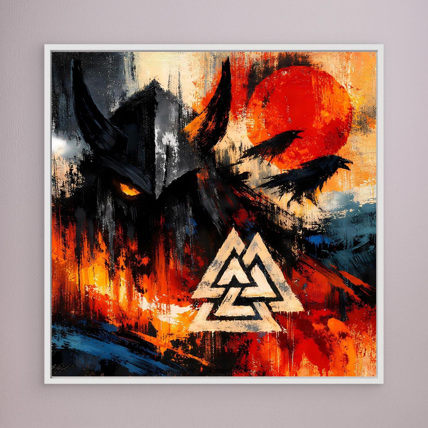 Wandbild im weißen Rahmen: schwarzer Vogel, rote Farbflächen und weißes Valknut-Symbol
