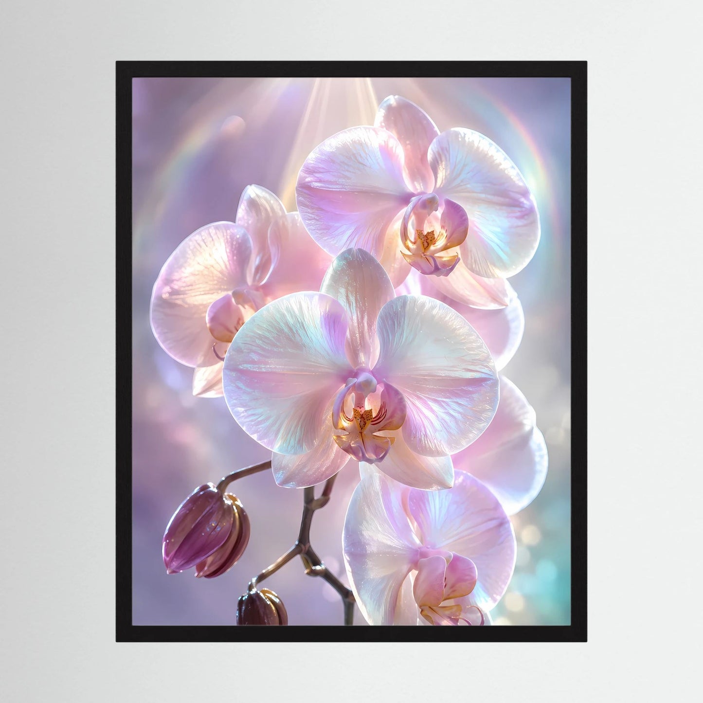 Gerahmtes Kunstposter mit schimmernden Orchideenblüten in Rosa und Perlmutt, Hochformat