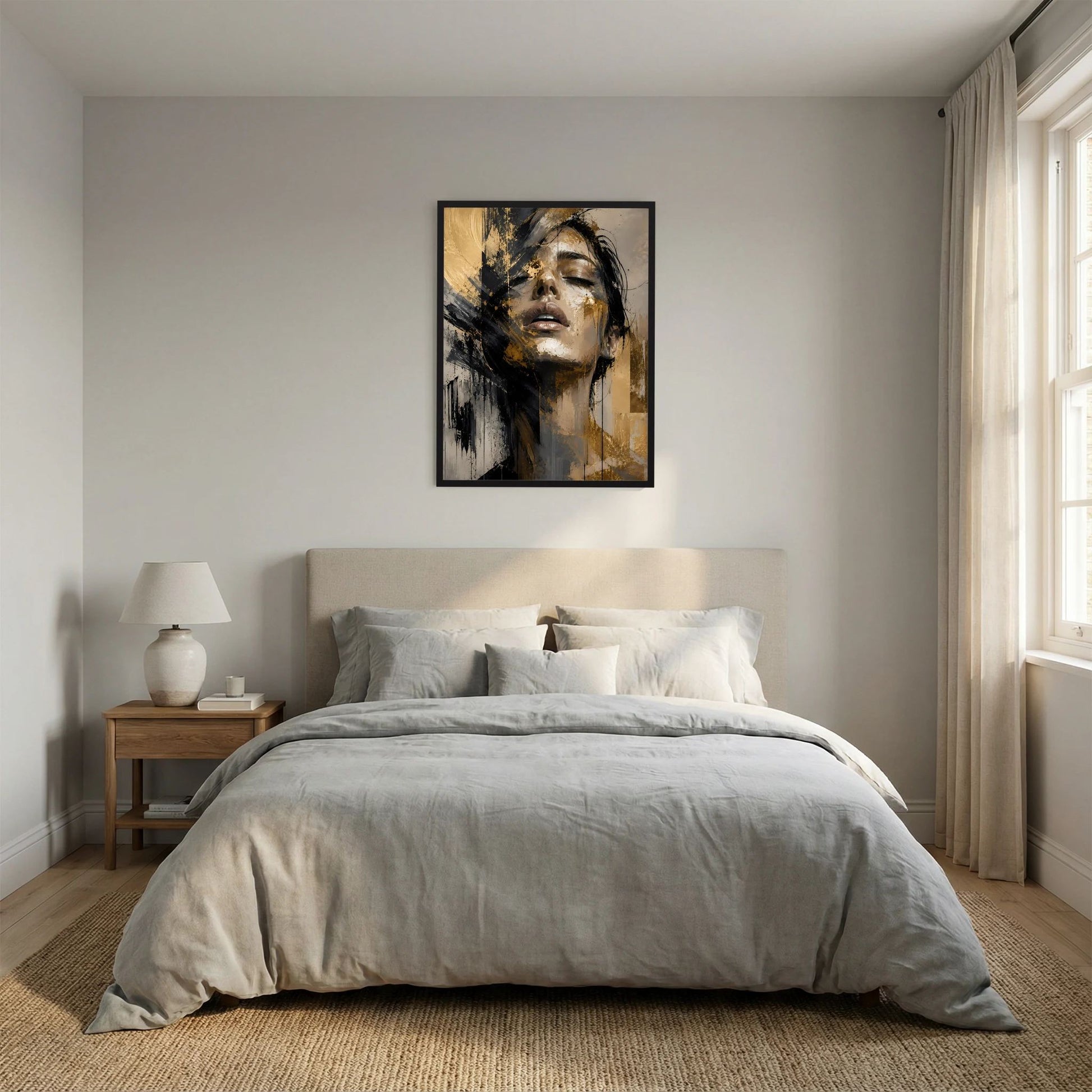 Gerahmtes Poster mit abstraktem Frauenporträt in Gold und Schwarz, Hochformat, zentriert