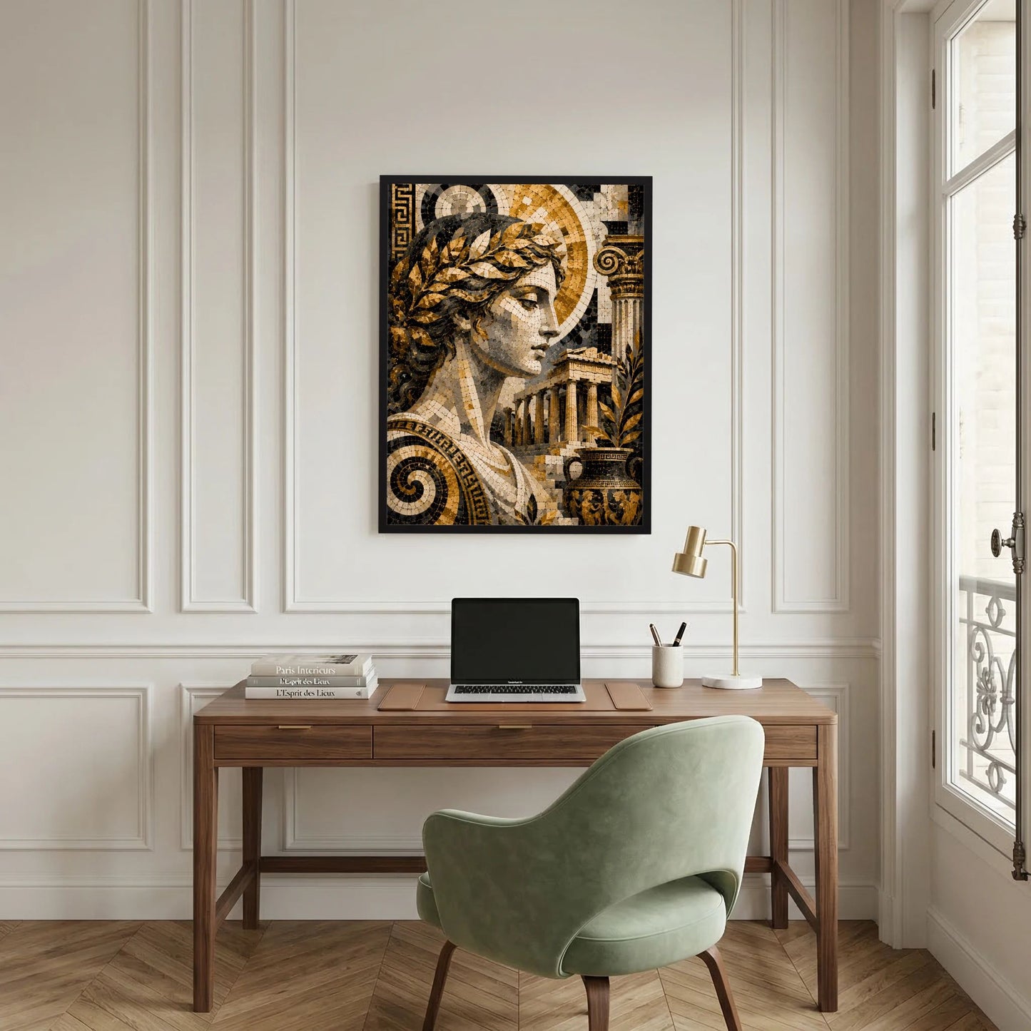 Poster mit antiker Mosaik-Göttin, Kopf mit goldenen Blättern, im schwarzen Rahmen