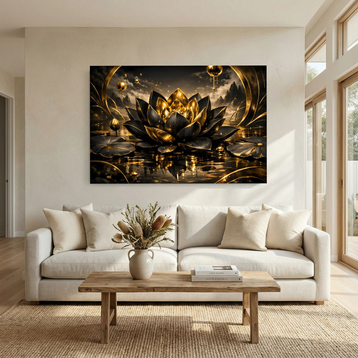 Wandbild im Querformat: dunkle Lotusblüte mit goldenen Akzenten und Wasserreflexion