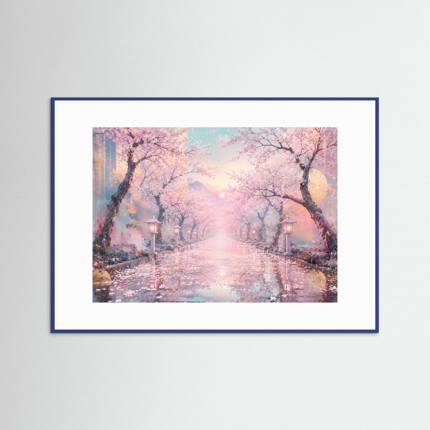 Kirschblütenweg im Morgenlicht | Japanische Sakura Landschaft in Rosa & Gold – Elegante Wandkunst