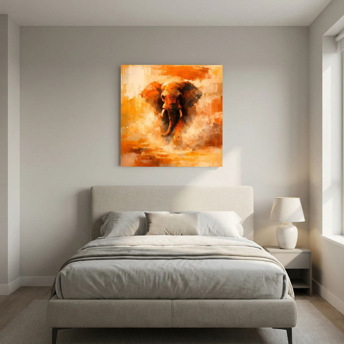 Leinwand Abstraktes Elefanten Gemälde | Modernes Kraftvolles Tier Wandbild Orange Ocker
