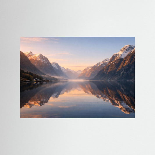 Naturposter im Querformat mit Fjord, Bergen und Spiegelung im ruhigen Wasser bei Dämmerung