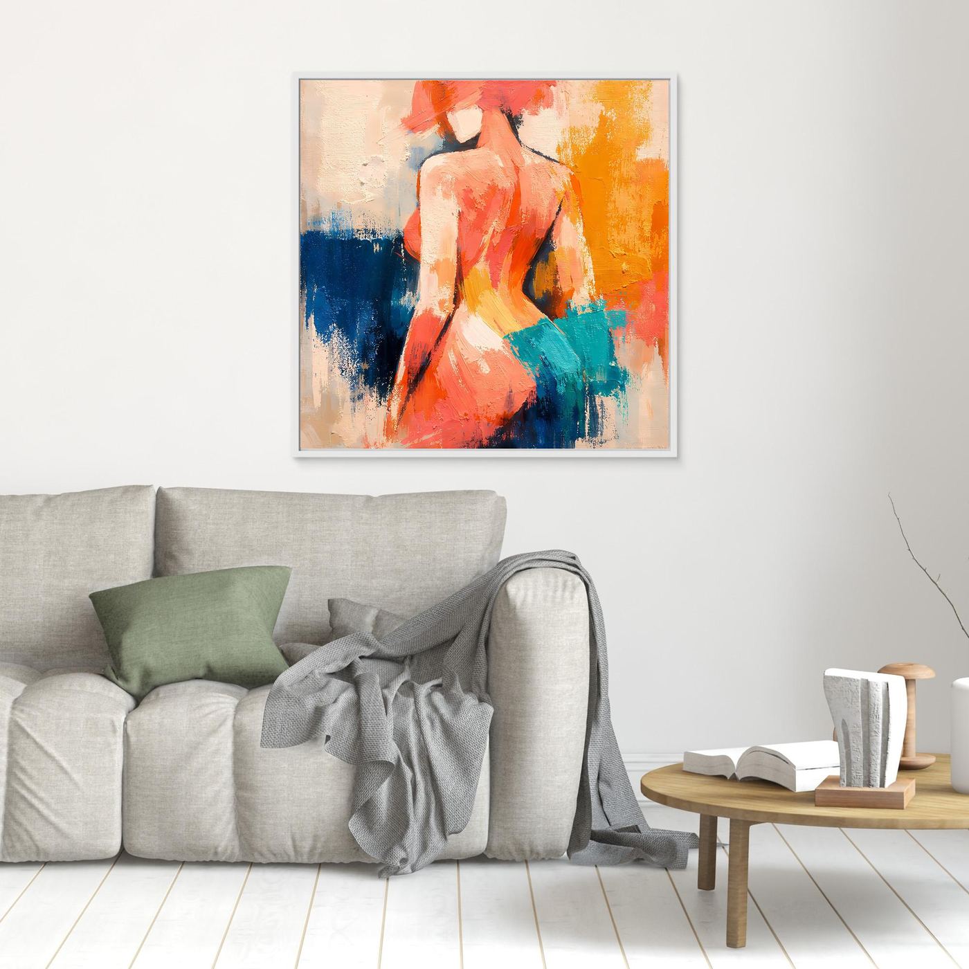 Abstract female back canvas wall art with orange-red figure and blue-teal brush strokes, white frame