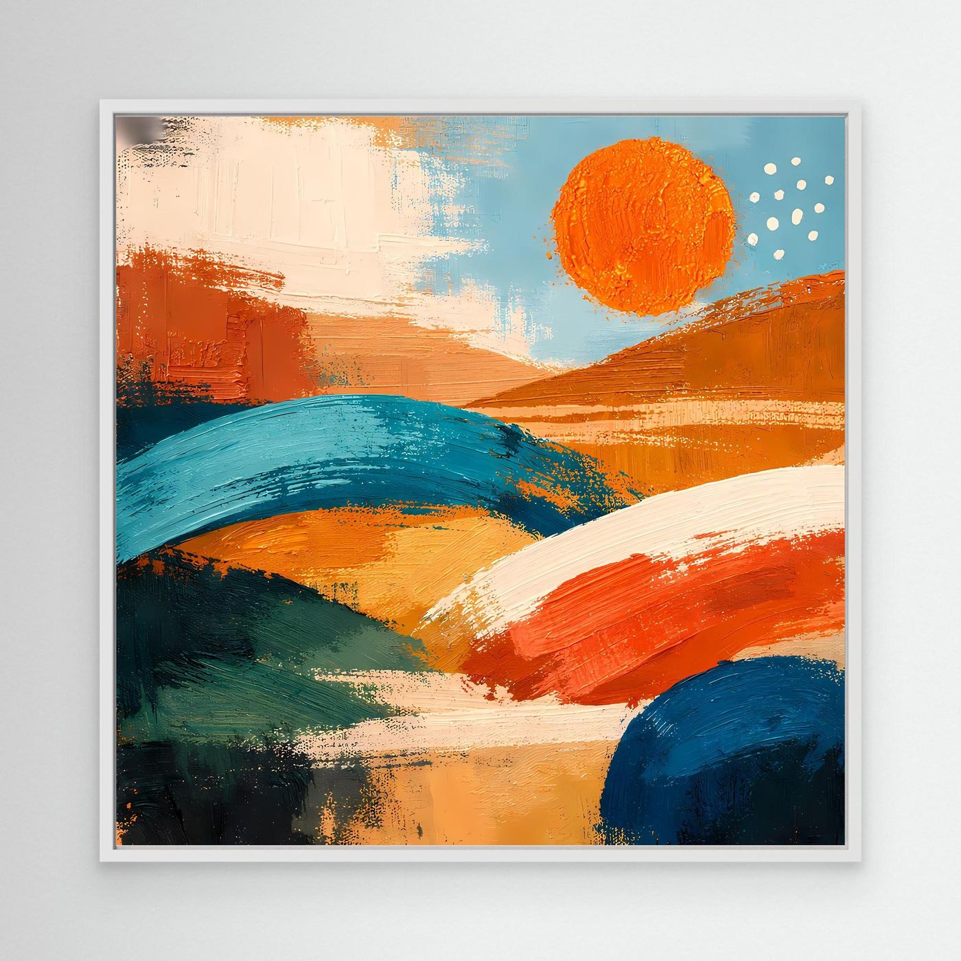 Abstract landscape wall art with white frame; orange and blue hills and orange sun