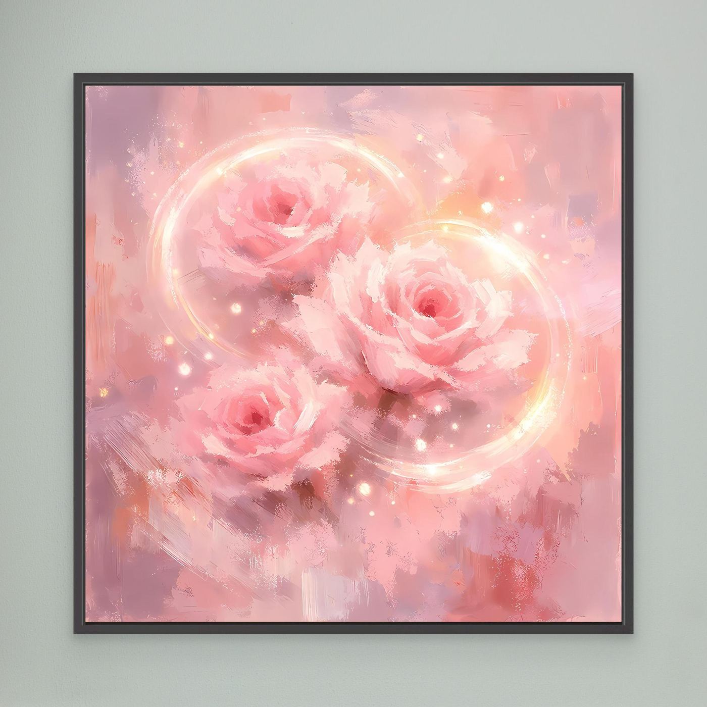 Wandbild mit rosa Rosen, zwei schimmernden Kreisen und Punkten, schwarz gerahmt