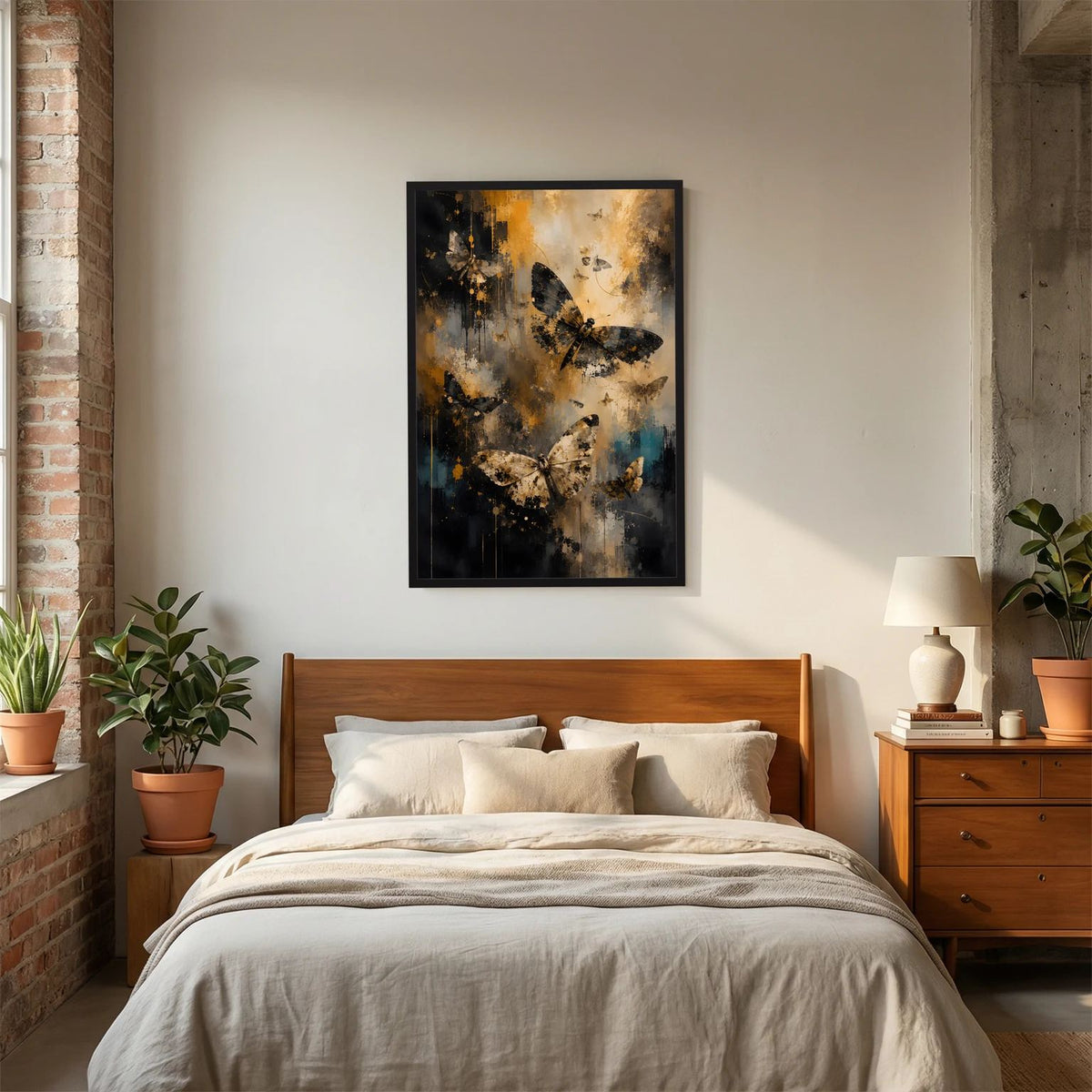 Wandbild mit abstrakten Schmetterlingen, schwarzer Rahmen, beige-goldene und blaue Partien