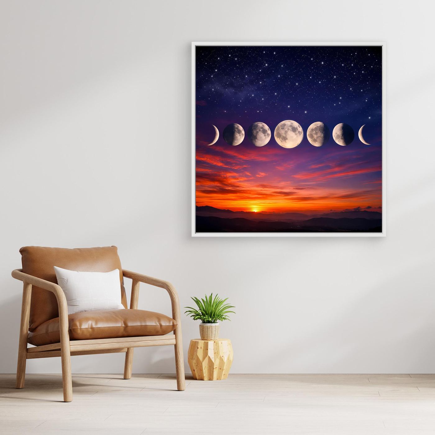 Leinwandbild mit Mondphasen, Sternenhimmel und Sonnenuntergang, weiß umrandet