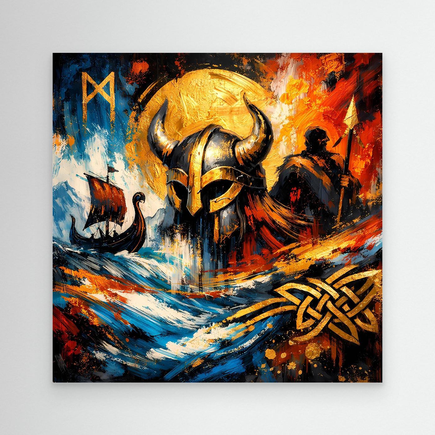 Abstraktes Leinwandbild mit goldfarbenem Wikingerhelm, Runen und kräftigen Farbstrichen