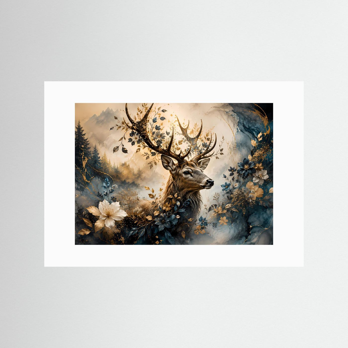 Wandbild mit Hirsch im Wald, Blumenranken und Zweige, blau-goldene Töne, weißes Passepartout