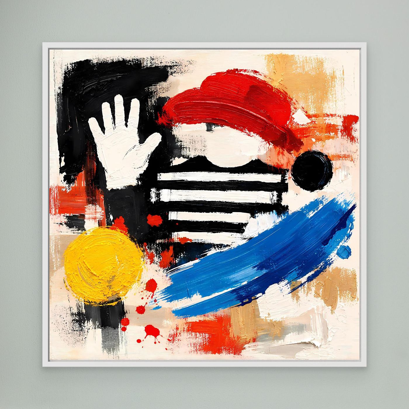 Abstract street art canvas with black, red, blue, and yellow figures, white frame