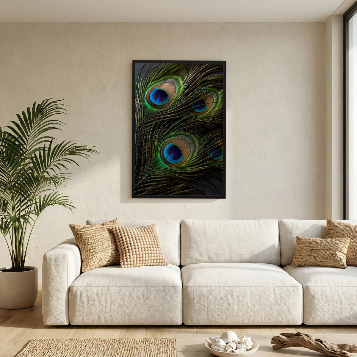 Gerahmtes Hochformat-Poster mit Pfauenfeder-Motiv: grün-blaue Augen, an der Wand über Sofa.