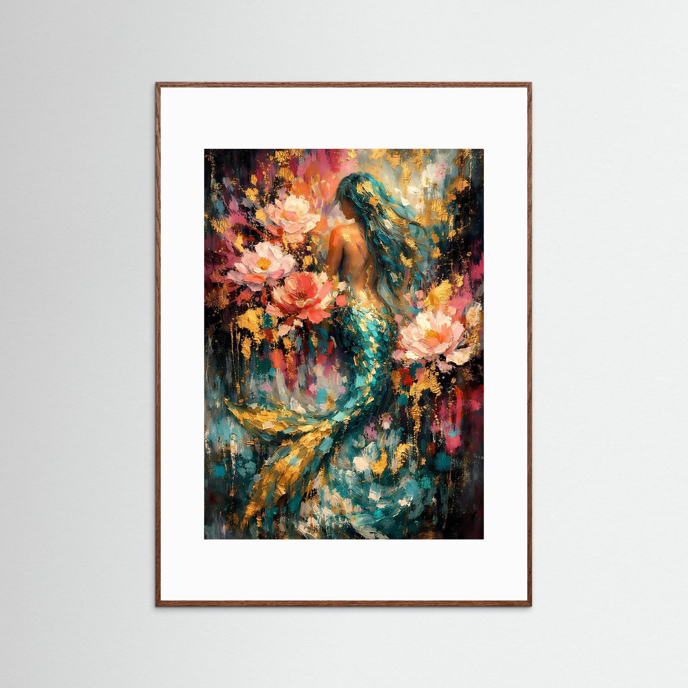Fantasy-Poster mit Meerjungfrau und Blüten, abstrakte Farbflächen, brauner Rahmen