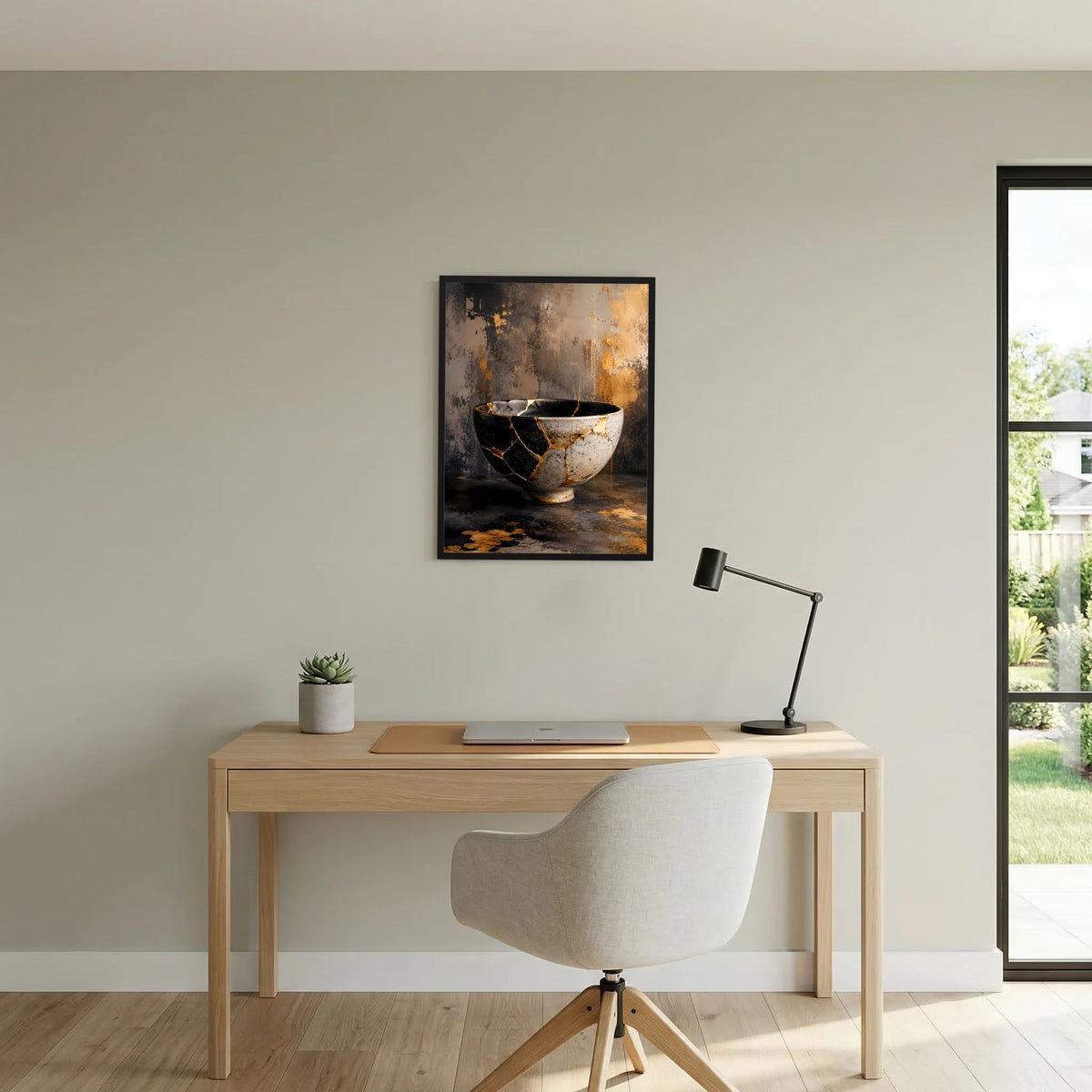 Gerahmtes Poster mit Kintsugi-Schale in Schwarz-Weiß-Gold, goldene Fugen im Schalenbild