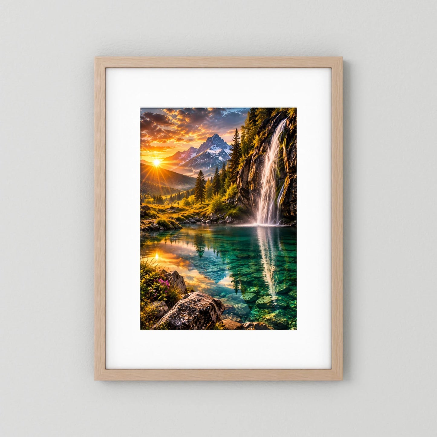Hochformat-Poster im beigen Holzrahmen mit weißem Passepartout, Bergsee und Wasserfall