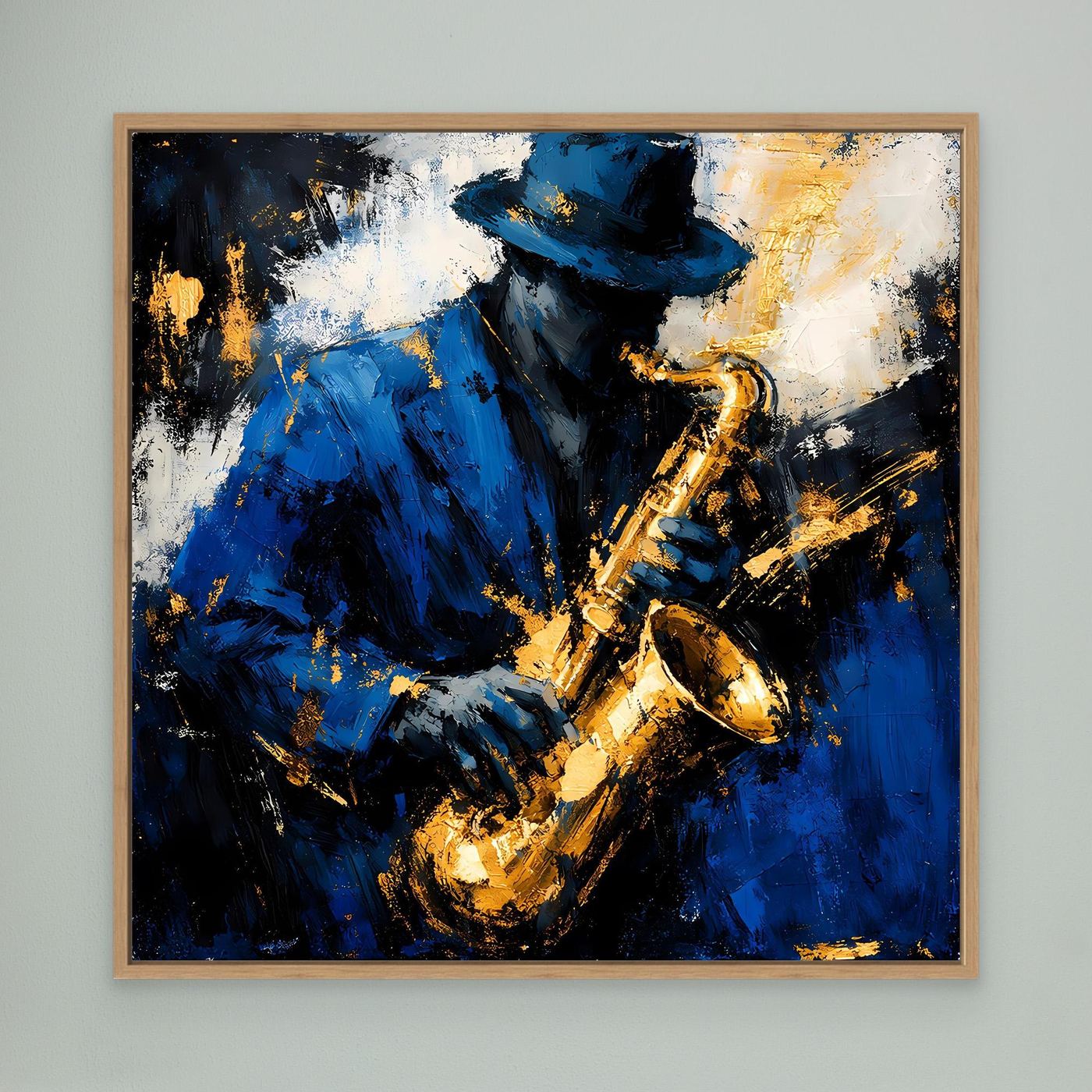 Leinwand Eleganter Jazz-Saxophonist in Blau und Gold | Abstraktes Musik Wandbild