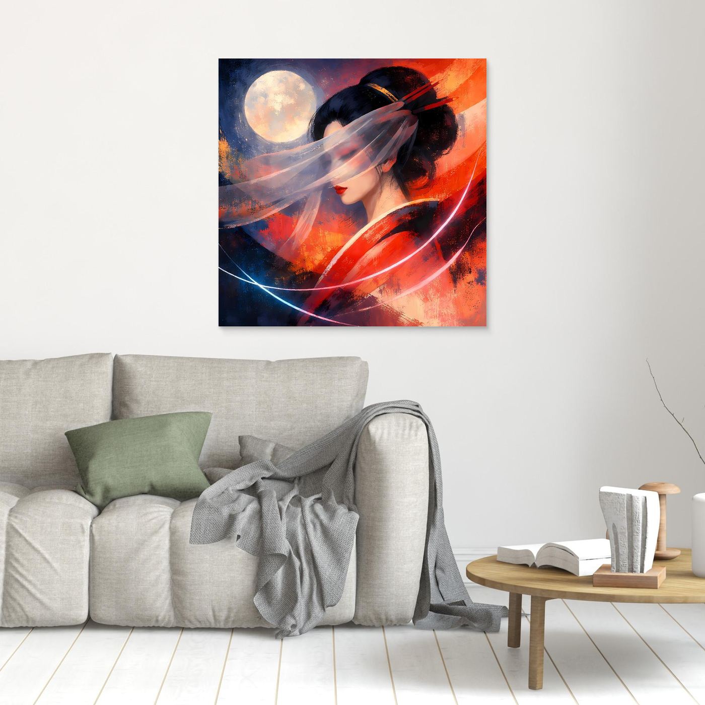 Leinwandbild mit Geisha im Profil, Mondmotiv, abstrakte rote und blaue Farbfelder