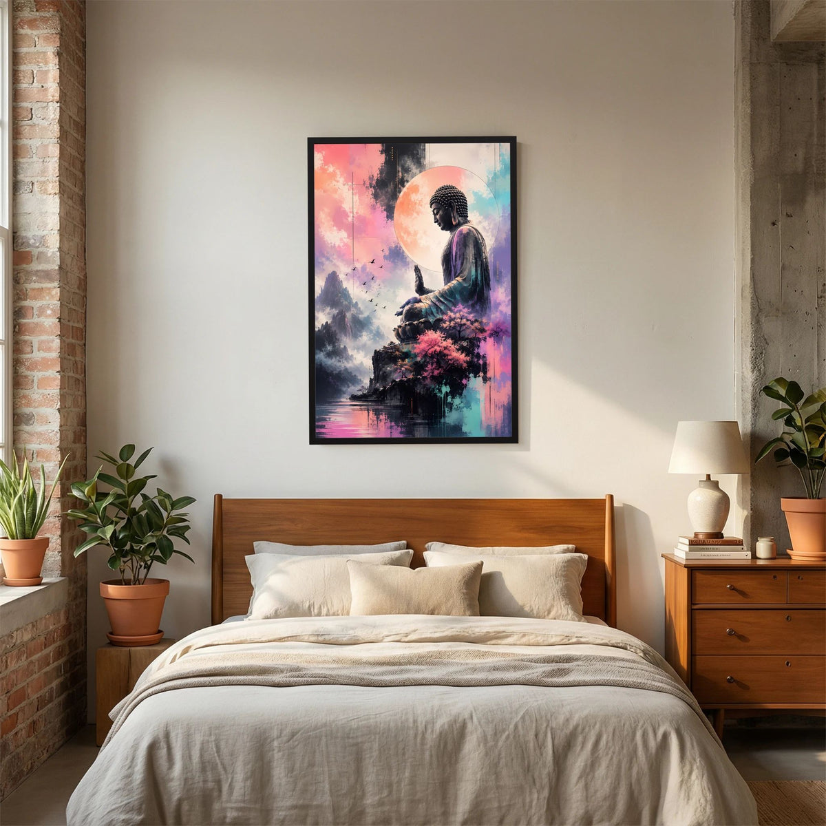 Hochformatiges Buddha-Poster mit meditierender Figur, Bergen und Kirschblüten, schwarzer Rahmen