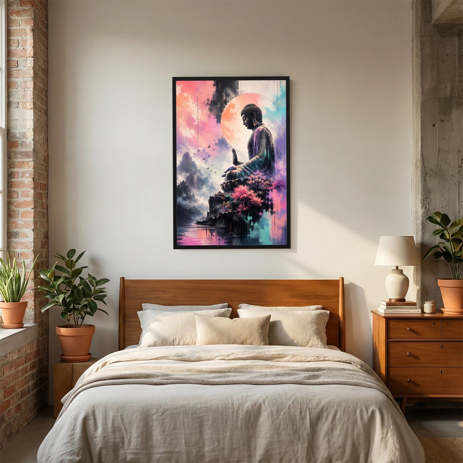 Hochformatiges Buddha-Poster mit meditierender Figur, Bergen und Kirschblüten, schwarzer Rahmen