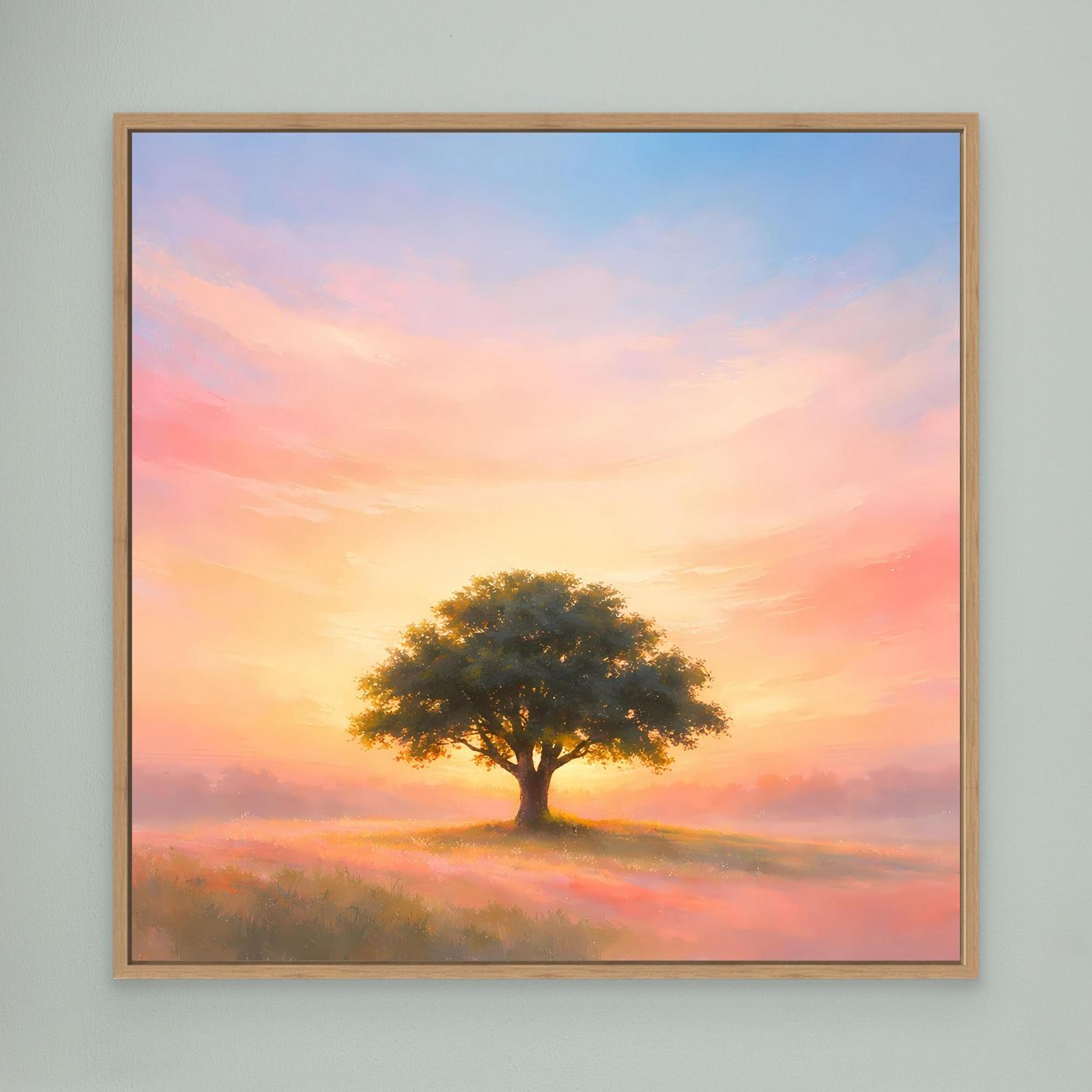 Wandbild mit einsamem Baum bei Sonnenaufgang in Pastellfarben, Holzrahmen