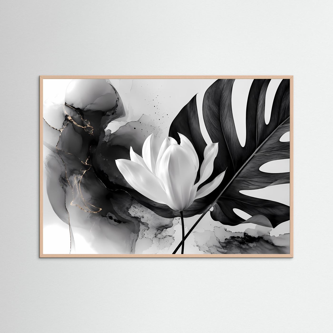 Schwarz Weiß Lotus Poster | Monstera Botanical Wandkunst | Minimalistische Blumen Kunst | Moderne Leinwand | Monochrome Natur mit Goldakzenten