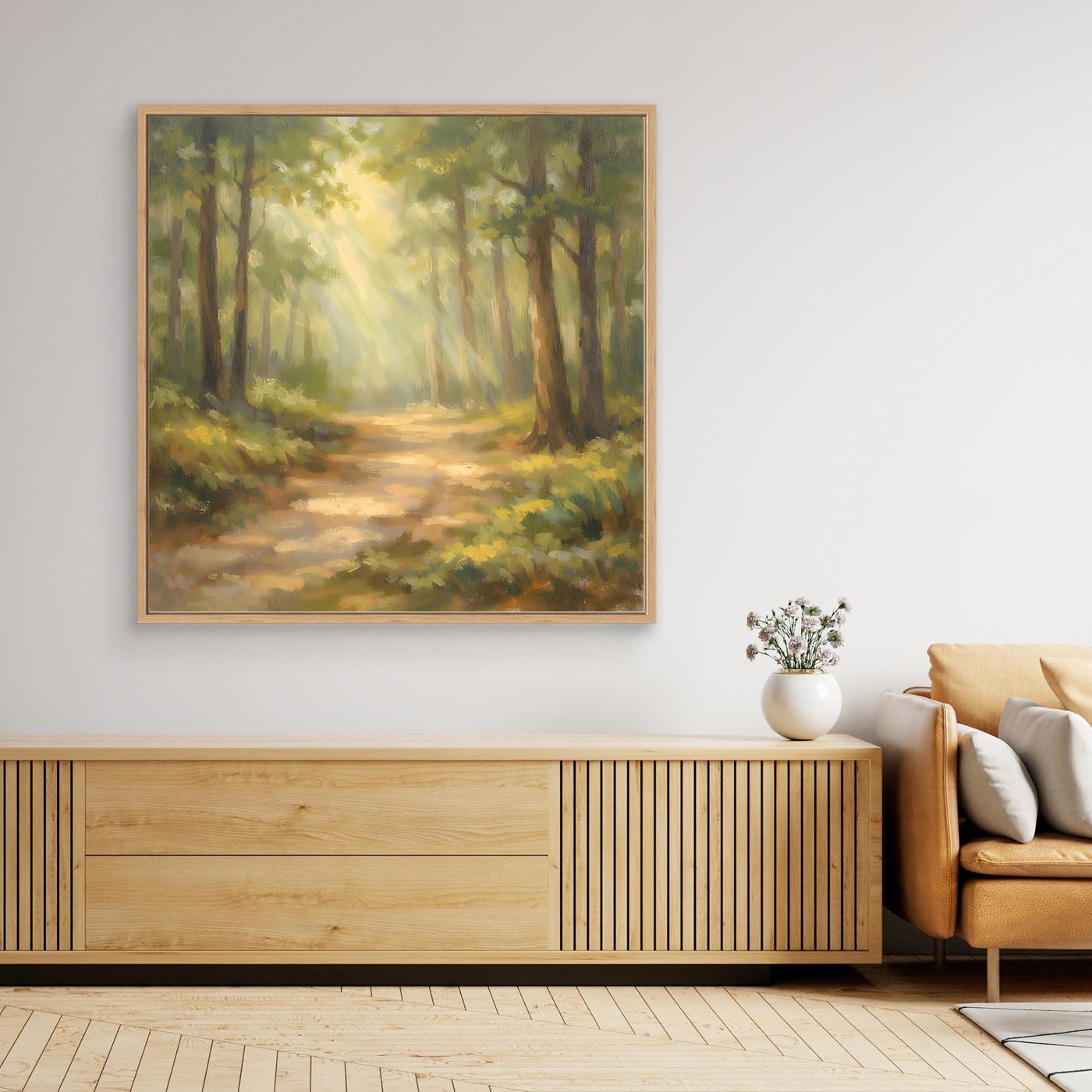 Leinwandbild Waldlandschaft mit Sonnenstrahlen im Eichenrahmen, helles Motiv