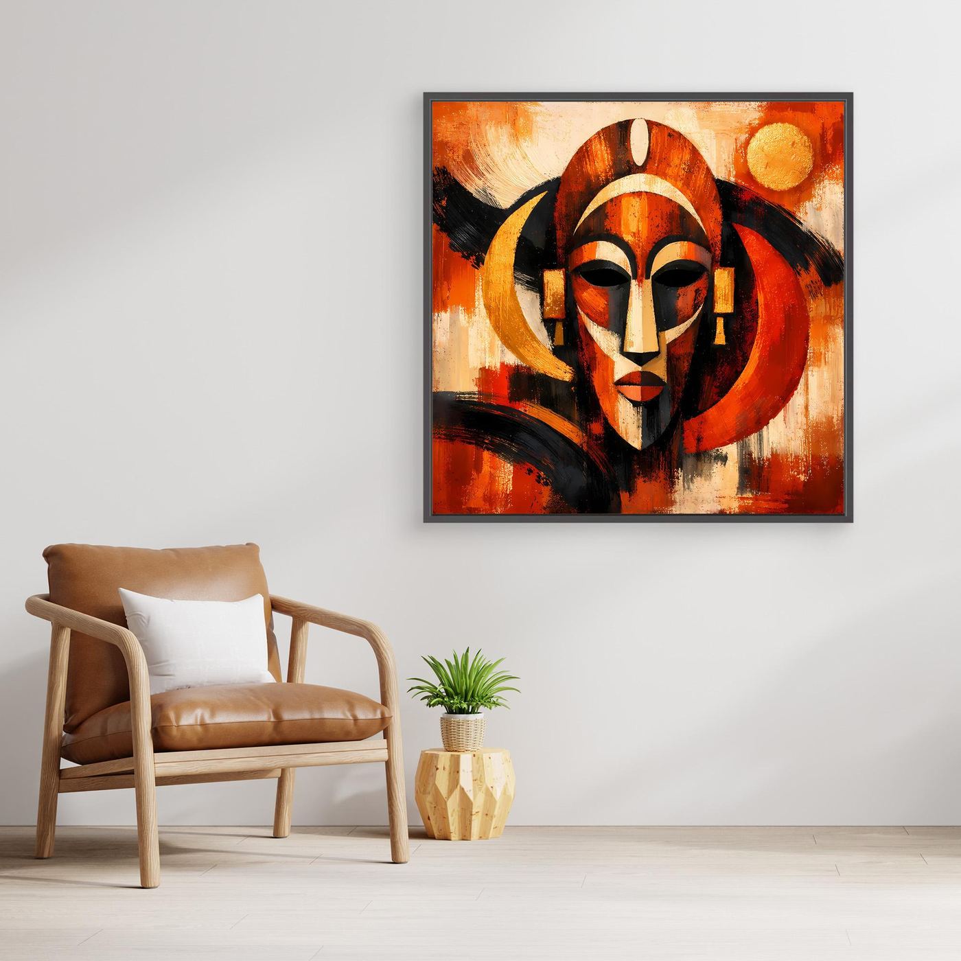 Grahmtes Leinwand-Wandbild mit abstrakter afrikanischer Maske, Rot-Orange, Schwarz und Beige