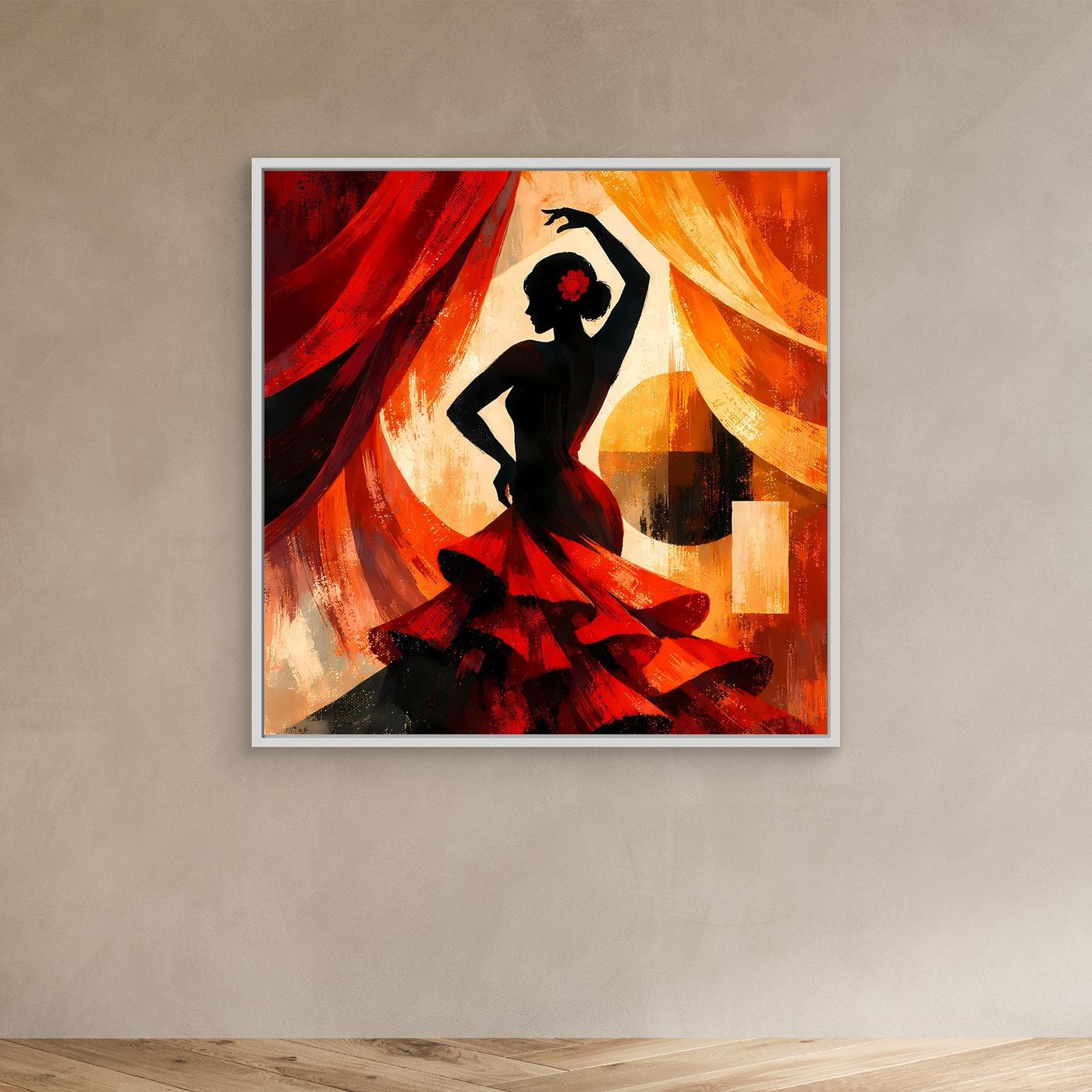 Leinwandbild mit dunklem Rahmen: schwarze Flamenco-Silhouette mit roter Blume und roten Tüchern.