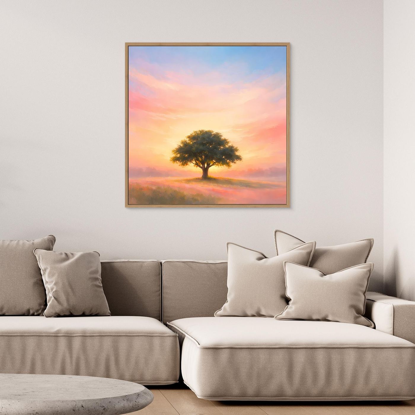 Leinwandbild einsamer Baum im Sonnenaufgang, Pastell, mit Holzrahmen