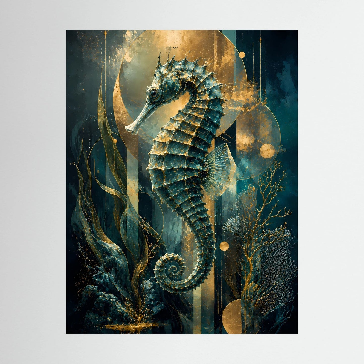Nahansicht: quadratisches Poster mit Seepferdchen in Petrol und Gold, schwarze Einfassung.