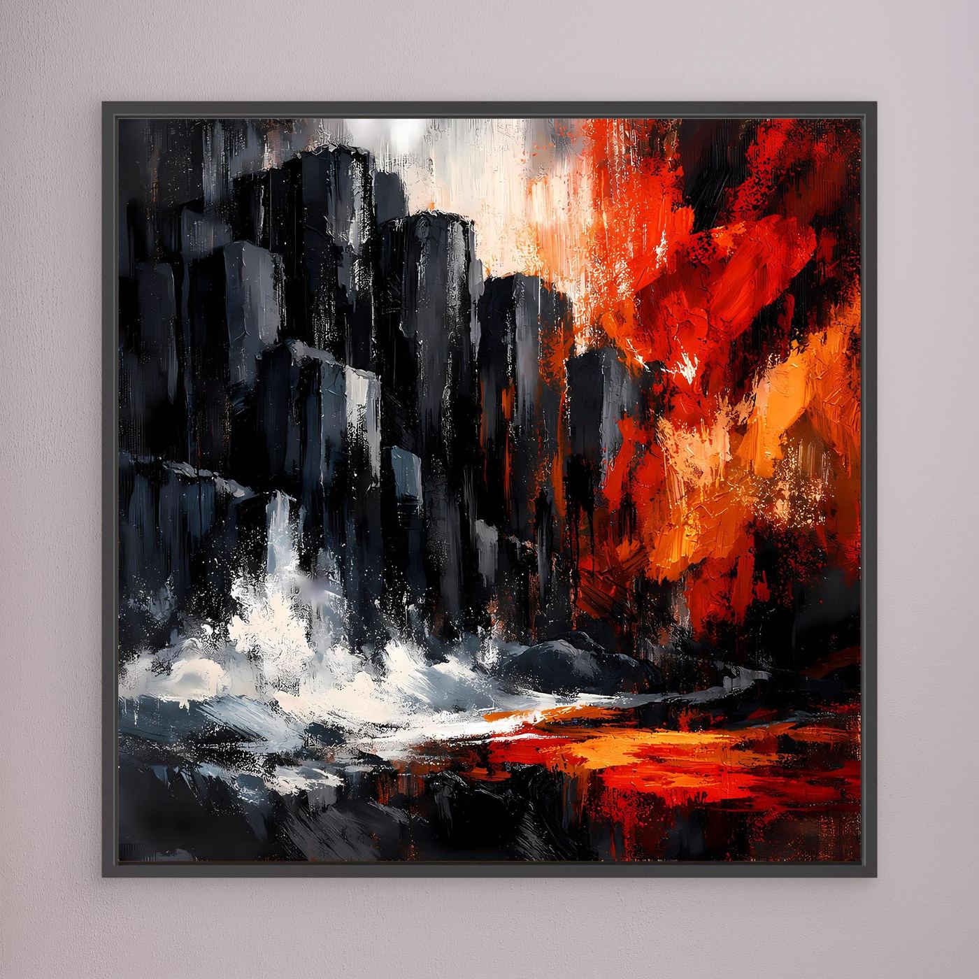 Gerahmtes Leinwandbild mit dunklem Rahmen: schwarze Felswände, rot, orange, weiße Gischt