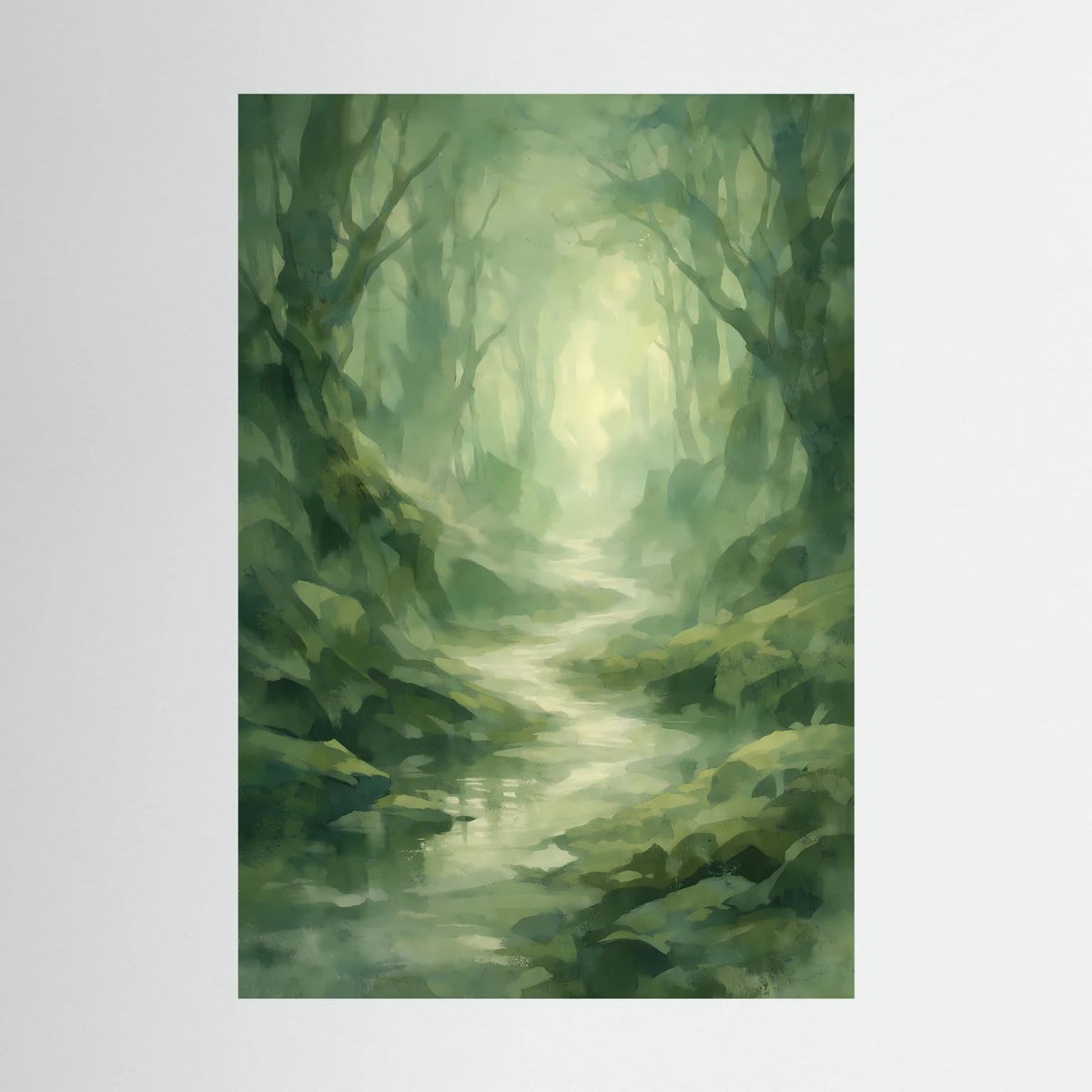 Wandposter mit grünem Nebelwald, Pflanzenpfad und Bachlauf im Hochformat