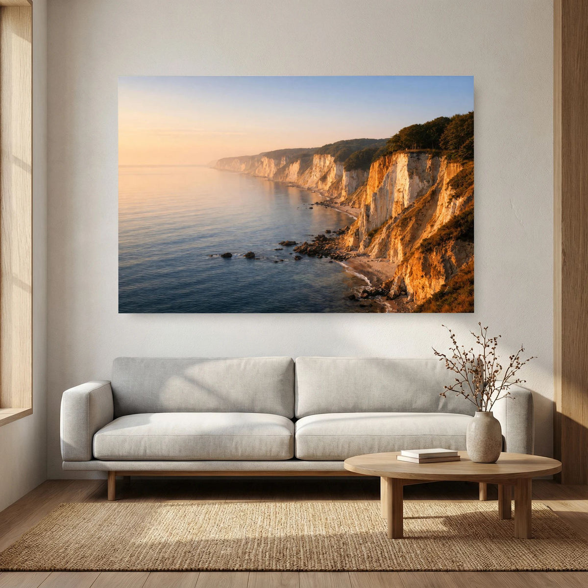 Wandbild mit Küstenlinie, Felsklippen und Wasserfläche bei Sonnenaufgang