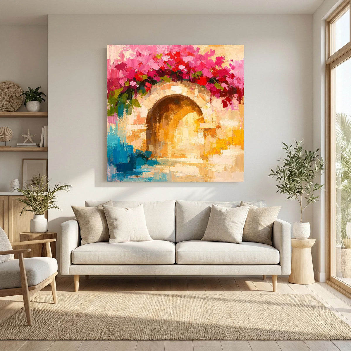 Wandbild mit abstraktem Torbogen und Blütenkranz in Pink, quadratischer Rahmen